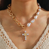 Fashionable Minimalist Water Diamond Hollow Cross Necklace Set Pearl Beaded Clavicle Chain Jewelry Women's U-Shape Geometric Design
