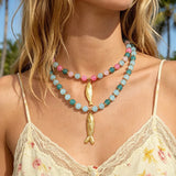 Sweet Fish Pendant Necklace for Women with Glass Beading and Titanium Steel Pendant on Beaded Chain