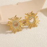 18K Gold Inlaid Diamond Sunflower Stud Earrings Stainless Steel Earrings