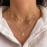 201 Stainless Steel Artificial Pearl Copper Inlay Cross Zircon Pendant Necklace