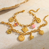 Cute Simple Style Commute Conch Heart Shape Flower 304 Stainless Steel 18K Gold Plated cable chain Multi Charms Bracelet In Bulk