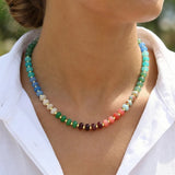 Bohemian Geometric Necklace for Women with Natural Stone Beads and Golden Plated Beaded Chain