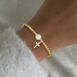 Classic Retro Micro Inlaid Zircon Cross Round Initial Letter Plated 18K Real Gold Copper Beaded Women's Bracelet