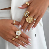 Exaggerated Gold Flowers Rings for Women with Rhinestones, 8 Pieces in Zinc Alloy