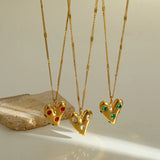 18K Gold Plated 201 Stainless Steel Vacuum Electroplating (In Furnace) Zircon Heart-Shaped Cable Chain/Cross Chain/O Chain Pendant Necklace for Women Valentine's Day