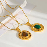 18K Gold Plated 304 Stainless Steel Vacuum Electroplating (In Furnace) Natural Stone Oval Vintage Classic Snake Chain Pendant Necklace for Women