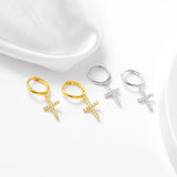 1 Pair 925 Sterling Silver Cross 14K Gold Plated Drop Earrings