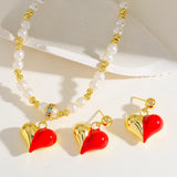 Red 18K Gold Plated Copper Water Plated Heart Imitation Pearl Earrings Necklace Set Beaded Chain Simple Style