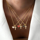 18K Gold Plated Zircon 201 Stainless Steel Copper Universal Electroplated Cross Heart Shape (Jewelry) Waterproof Non-Fading Cable Chain/Cross Chain/O Chain Pendant Necklace for Women