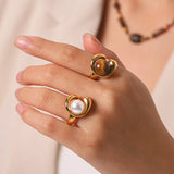 Handmade Irregular Rings for Women in 304 Stainless Steel with 18K Gold Plated PVD Coating and Imitation Pearl Inlay