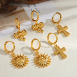 18K Gold Plated 304 Stainless Steel Vacuum Electroplating (In Furnace) Cross Sun Bow Electroplating Casual Simple Style Earrings for Women Daily
