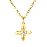 Gold Tone 15mm Diamond-shaped Four-leaf Clover Pendant Inlaid Square White Zircon 04 Cross Chain Necklace 42+5cm With 6mm Round Tail Tag **SHIPS FROM USA**